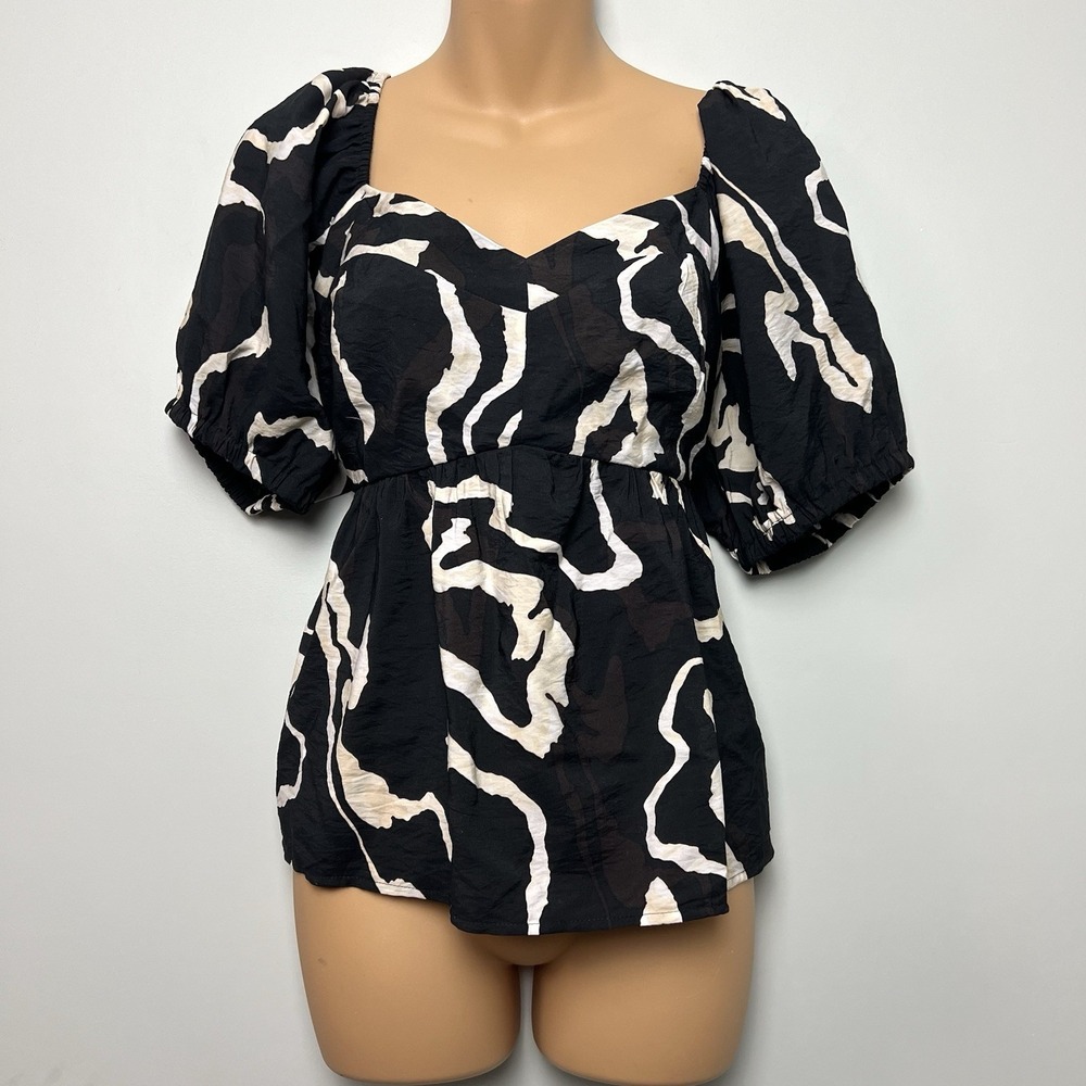 Nine West Abstract Marble Puff Sleeve Babydoll Blouse L Feminine Bold Monochrome